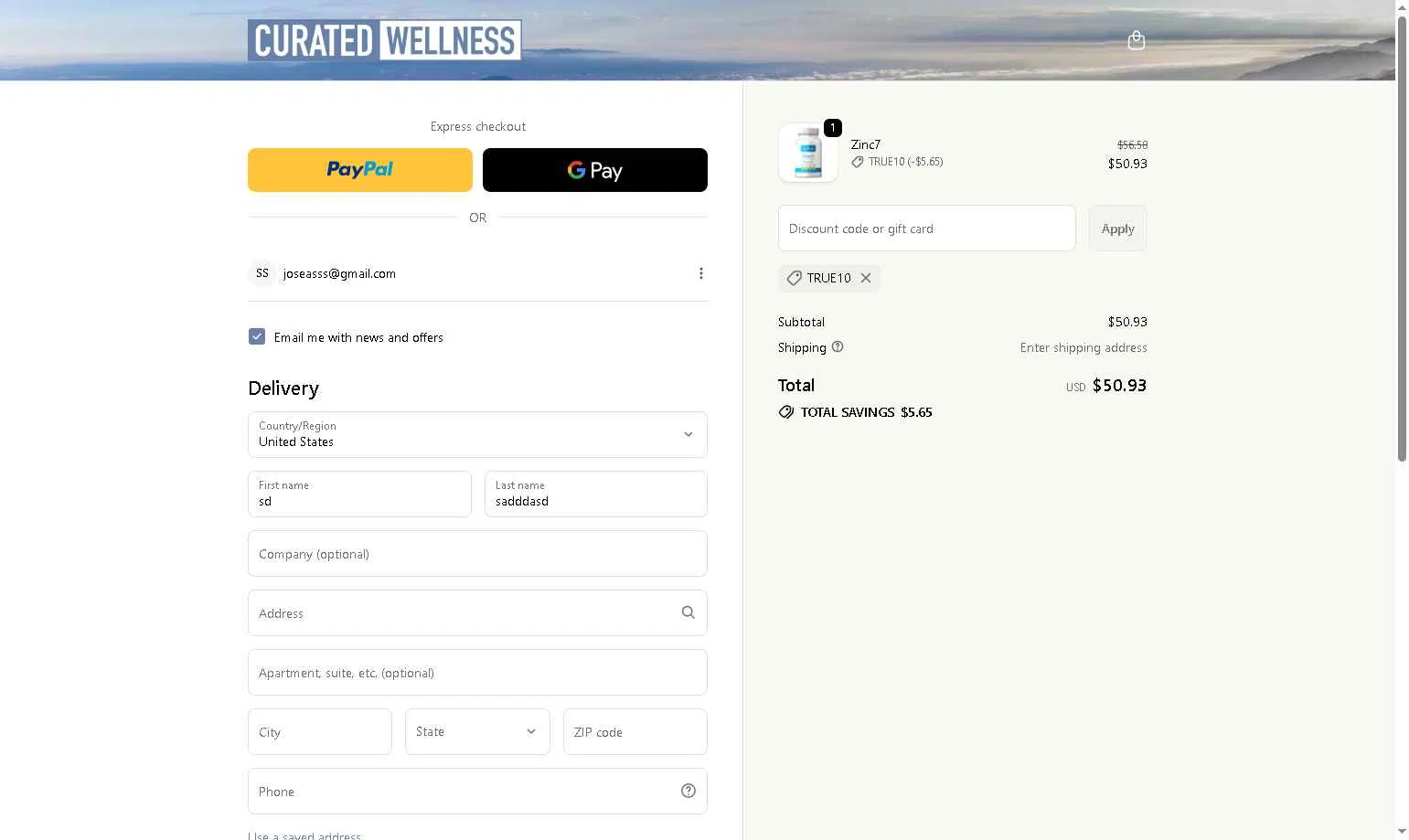 Curated Wellness checkout page showing Curated Wellness discount code box | Screenshot taken by SimplyCodes community member on Nov 17, 2025