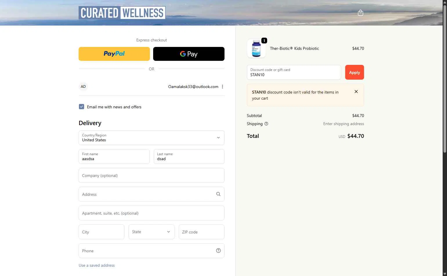 Curated Wellness checkout page showing Curated Wellness discount code box | Screenshot taken by SimplyCodes community member on Dec 15, 2025