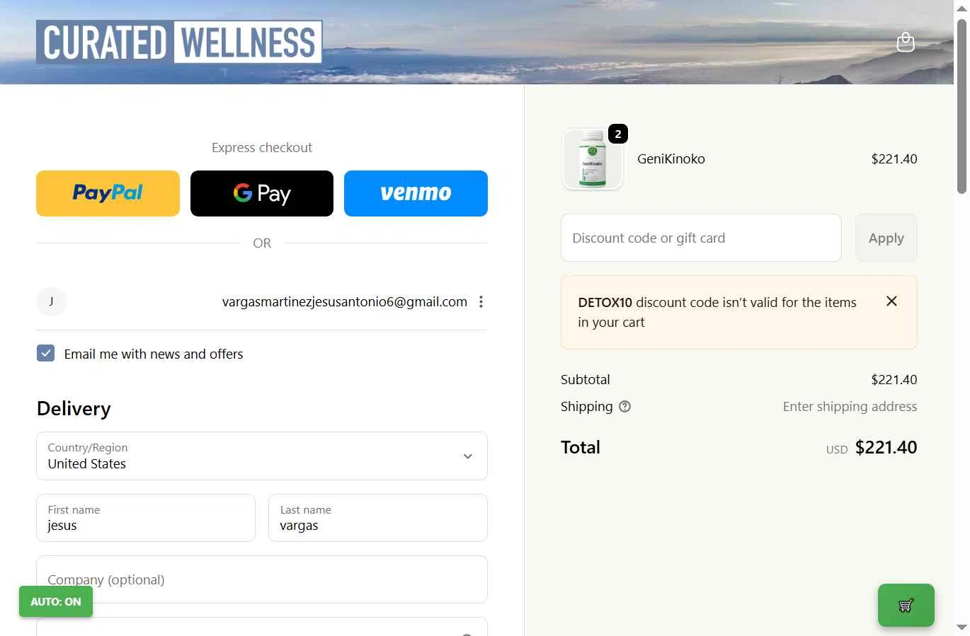 Curated Wellness checkout page showing Curated Wellness discount code box | Screenshot taken by SimplyCodes community member on Jan 5, 2026