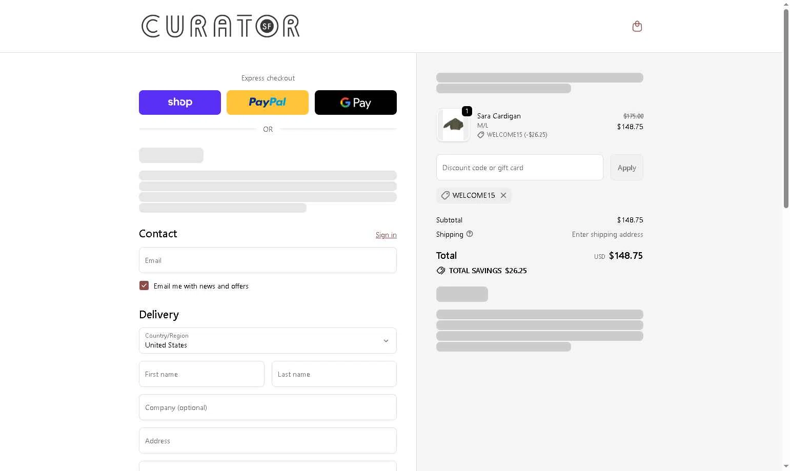 Curator checkout page showing Curator promo code box | Screenshot taken by SimplyCodes community member on Feb 18, 2026