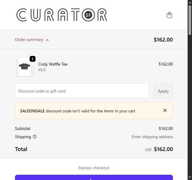 Curator checkout page showing Curator promo code box | Screenshot taken by SimplyCodes community member on Feb 18, 2026
