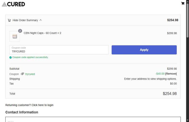 Cured Nutrition checkout page showing Cured Nutrition coupon code box | Screenshot taken by SimplyCodes community member on May 24, 2025