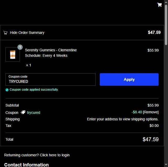 Cured Nutrition checkout page showing Cured Nutrition coupon code box | Screenshot taken by SimplyCodes community member on May 24, 2025