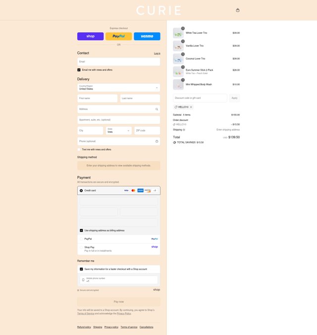 Curie Deodorant checkout page showing Curie Deodorant discount code box | Screenshot taken by SimplyCodes community member on Sep 8, 2025