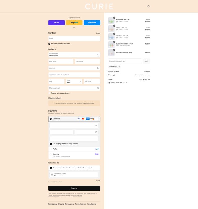 Curie Deodorant checkout page showing Curie Deodorant discount code box | Screenshot taken by SimplyCodes community member on Sep 8, 2025