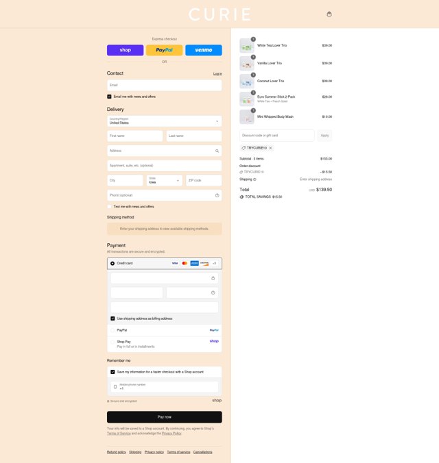 Curie Deodorant checkout page showing Curie Deodorant discount code box | Screenshot taken by SimplyCodes community member on Sep 8, 2025