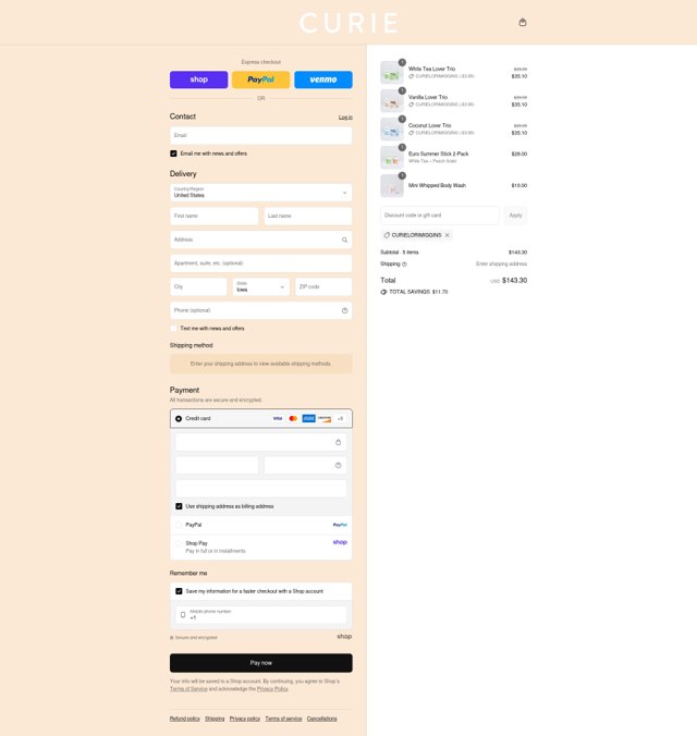 Curie Deodorant checkout page showing Curie Deodorant discount code box | Screenshot taken by SimplyCodes community member on Sep 8, 2025