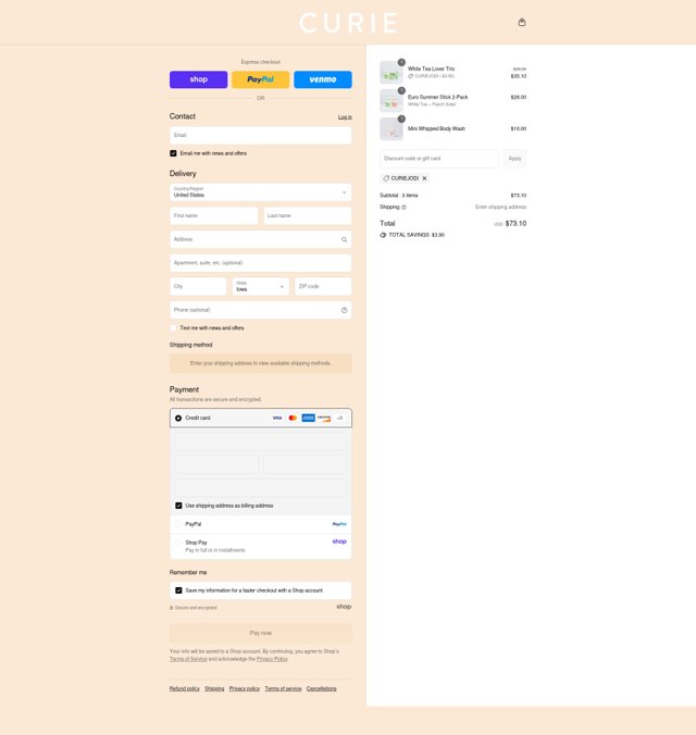 Curie Deodorant checkout page showing Curie Deodorant discount code box | Screenshot taken by SimplyCodes community member on Sep 3, 2025