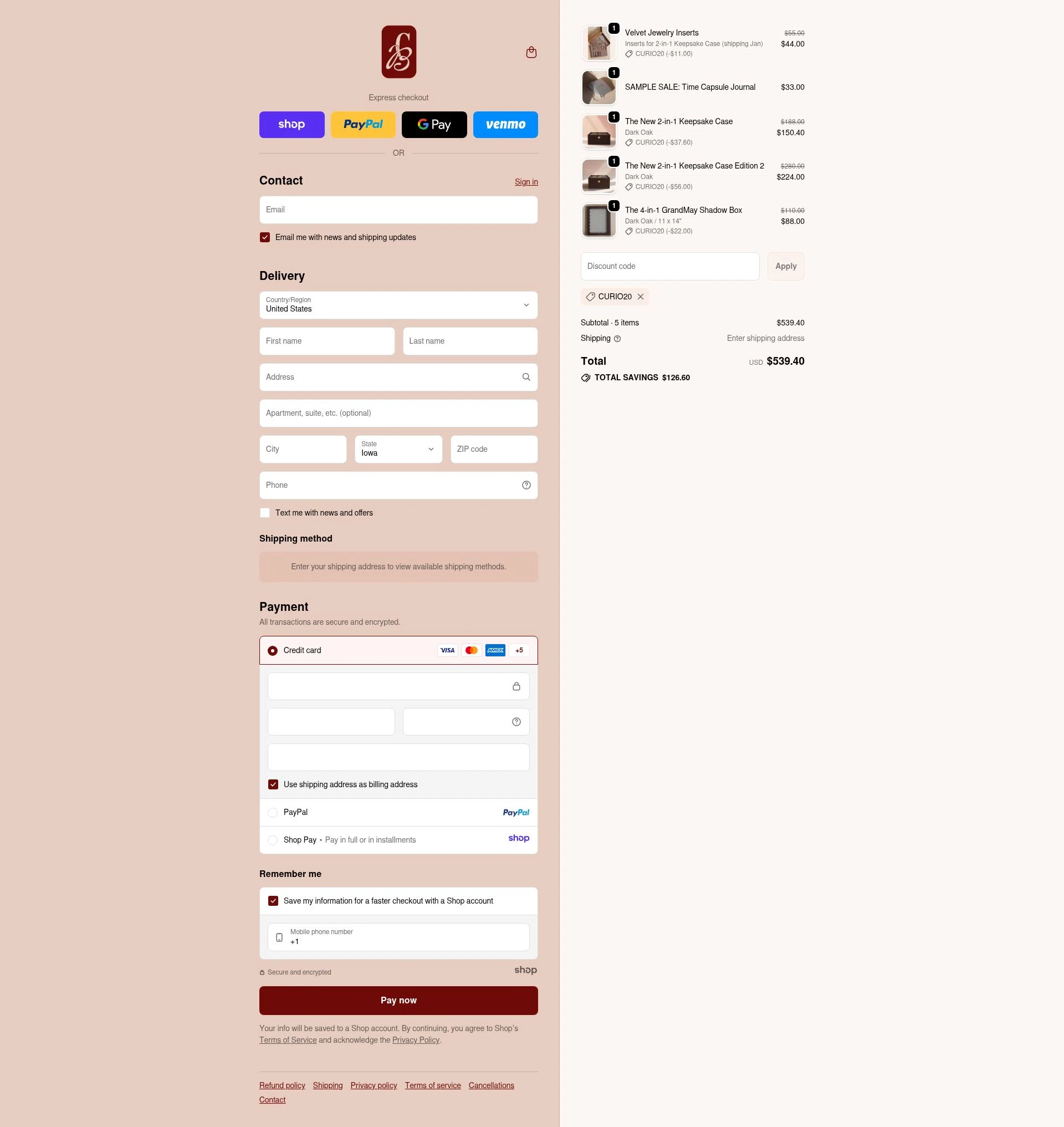 Curio Blvd checkout page showing Curio Blvd promo code box | Screenshot taken by SimplyCodes community member on Dec 1, 2025