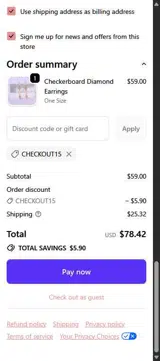 CHECKOUT15 coupon verification screenshot