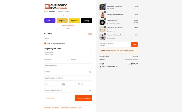 The Curiosity Box checkout page showing The Curiosity Box coupon code box | Screenshot taken by SimplyCodes community member on Sep 8, 2025