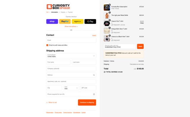 The Curiosity Box checkout page showing The Curiosity Box coupon code box | Screenshot taken by SimplyCodes community member on Sep 8, 2025