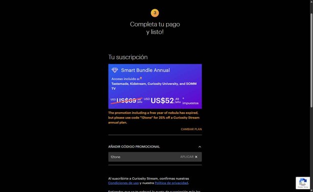 CuriosityStream checkout page showing CuriosityStream promo code box | Screenshot taken by SimplyCodes community member on Apr 27, 2025