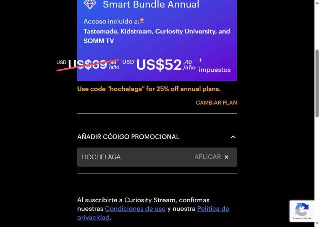 CuriosityStream checkout page showing CuriosityStream promo code box | Screenshot taken by SimplyCodes community member on Apr 27, 2025