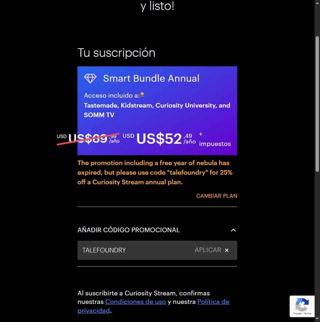 CuriosityStream checkout page showing CuriosityStream promo code box | Screenshot taken by SimplyCodes community member on Apr 27, 2025