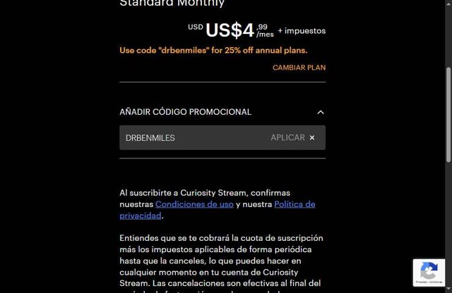 CuriosityStream checkout page showing CuriosityStream promo code box | Screenshot taken by SimplyCodes community member on Apr 27, 2025