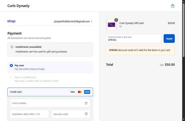 Curls Dynasty checkout page showing Curls Dynasty discount code box | Screenshot taken by SimplyCodes community member on Sep 12, 2025