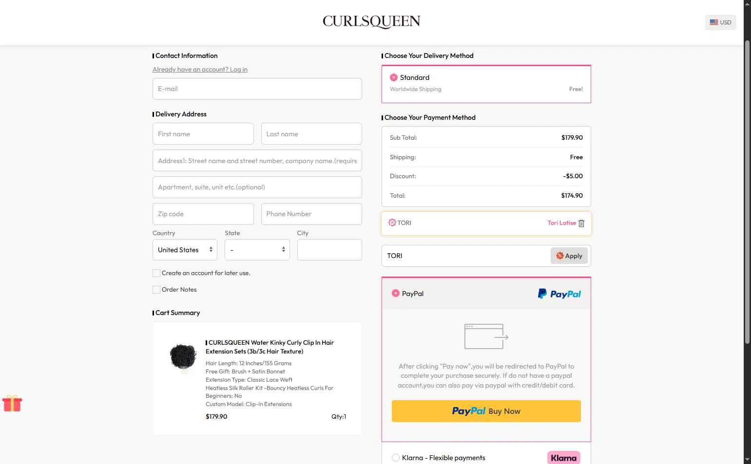 Curls Queen checkout page showing Curls Queen coupon code box | Screenshot taken by SimplyCodes community member on Feb 6, 2026