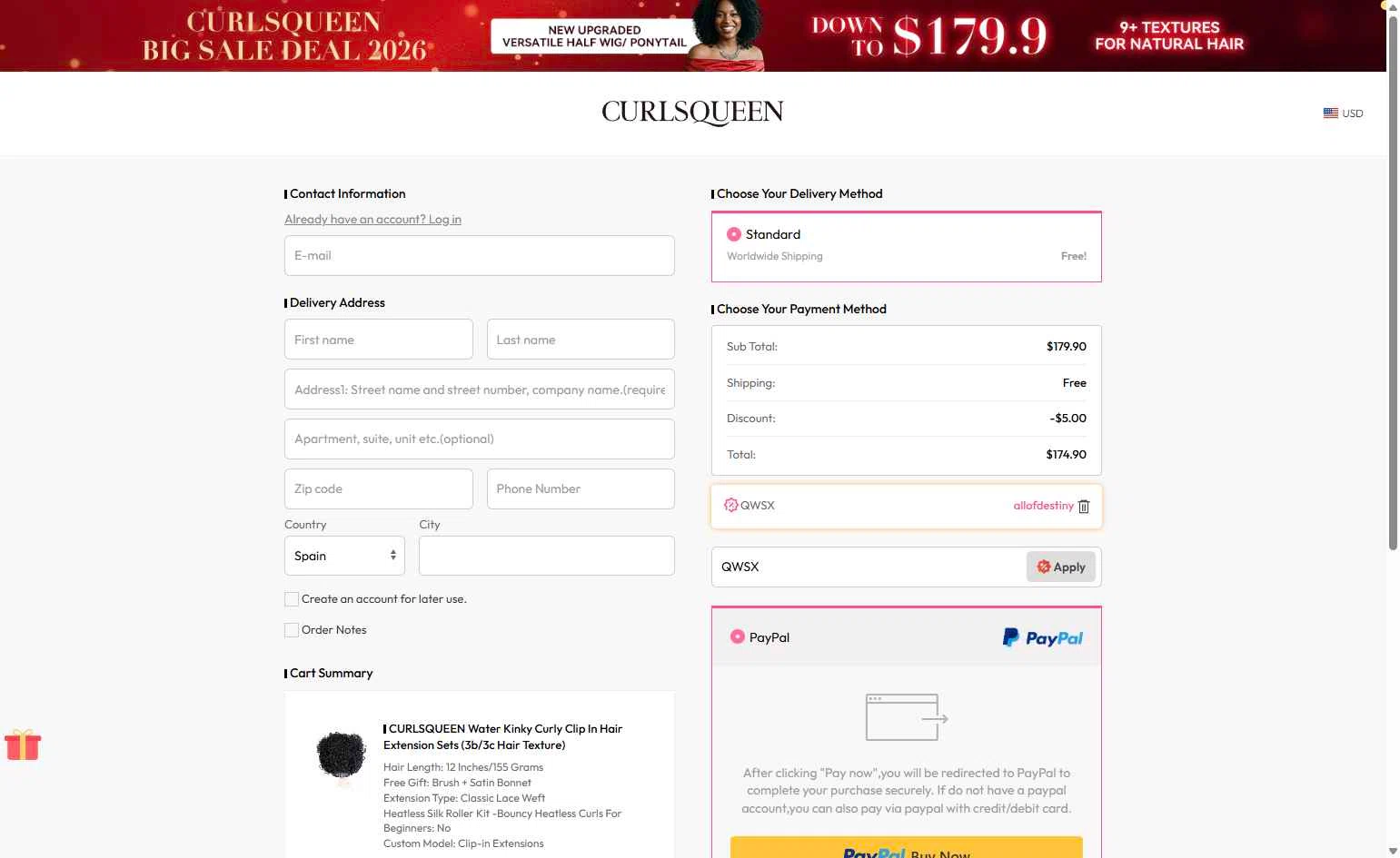 Curls Queen checkout page showing Curls Queen coupon code box | Screenshot taken by SimplyCodes community member on Feb 6, 2026