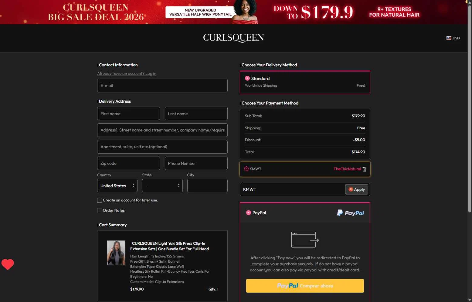 Curls Queen checkout page showing Curls Queen coupon code box | Screenshot taken by SimplyCodes community member on Feb 6, 2026