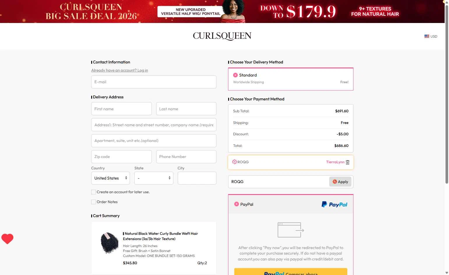 Curls Queen checkout page showing Curls Queen coupon code box | Screenshot taken by SimplyCodes community member on Feb 6, 2026