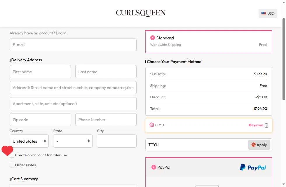 Curls Queen checkout page showing Curls Queen coupon code box | Screenshot taken by SimplyCodes community member on Feb 6, 2026