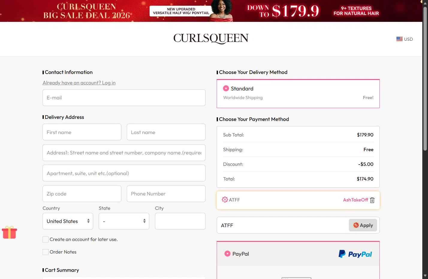 Curls Queen checkout page showing Curls Queen coupon code box | Screenshot taken by SimplyCodes community member on Feb 6, 2026