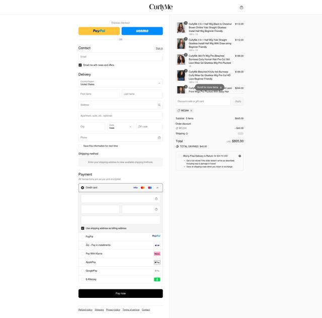 CurlyMe Hair checkout page showing CurlyMe Hair discount code box | Screenshot taken by SimplyCodes community member on Sep 11, 2025