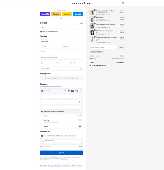 Current Air checkout page showing Current Air promo code box | Screenshot taken by SimplyCodes community member on Aug 26, 2025