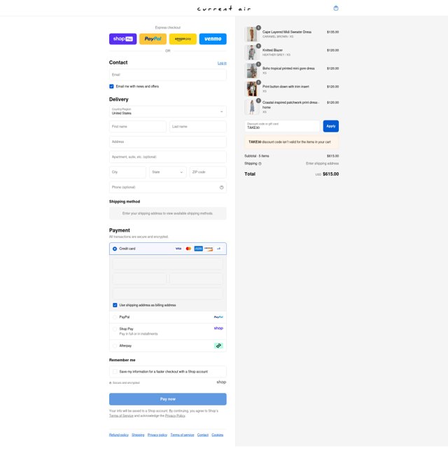 Current Air checkout page showing Current Air promo code box | Screenshot taken by SimplyCodes community member on Aug 22, 2025