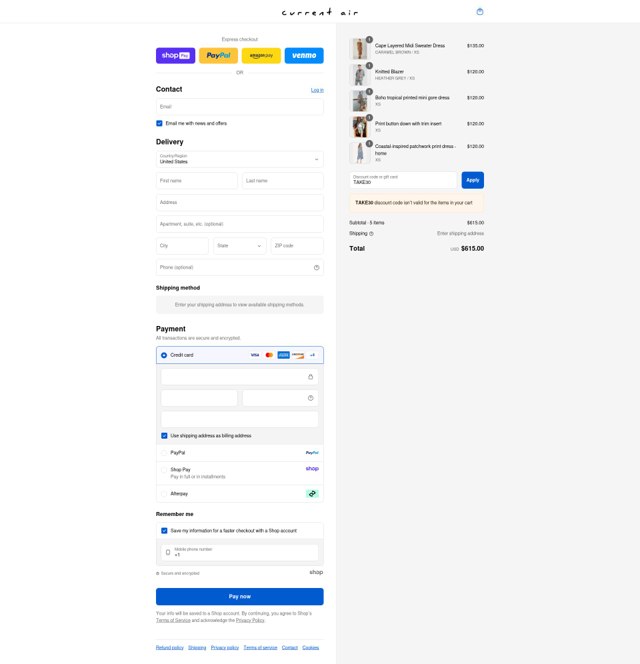 Current Air checkout page showing Current Air promo code box | Screenshot taken by SimplyCodes community member on Aug 26, 2025