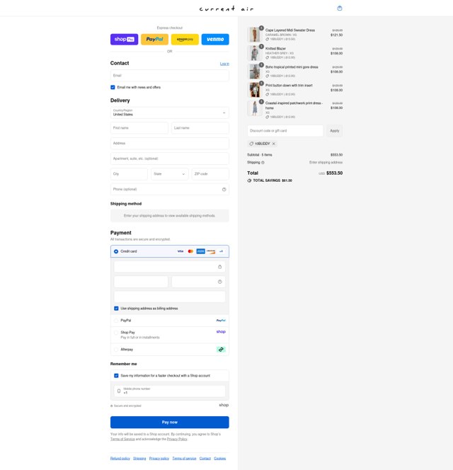 Current Air checkout page showing Current Air promo code box | Screenshot taken by SimplyCodes community member on Aug 22, 2025