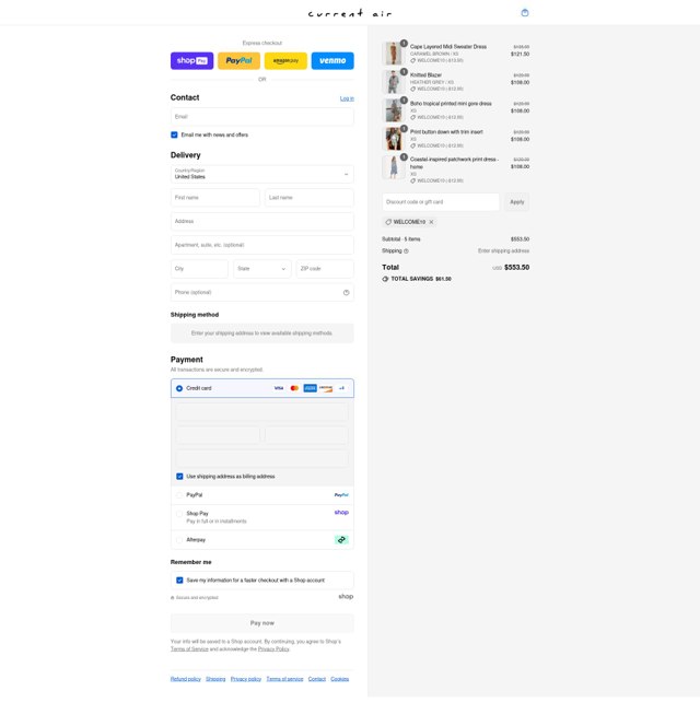 Current Air checkout page showing Current Air promo code box | Screenshot taken by SimplyCodes community member on Aug 22, 2025