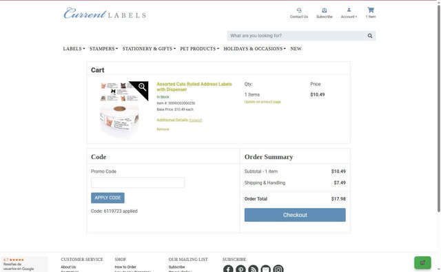 Current Labels checkout page showing Current Labels promo code box | Screenshot taken by SimplyCodes community member on Sep 3, 2025
