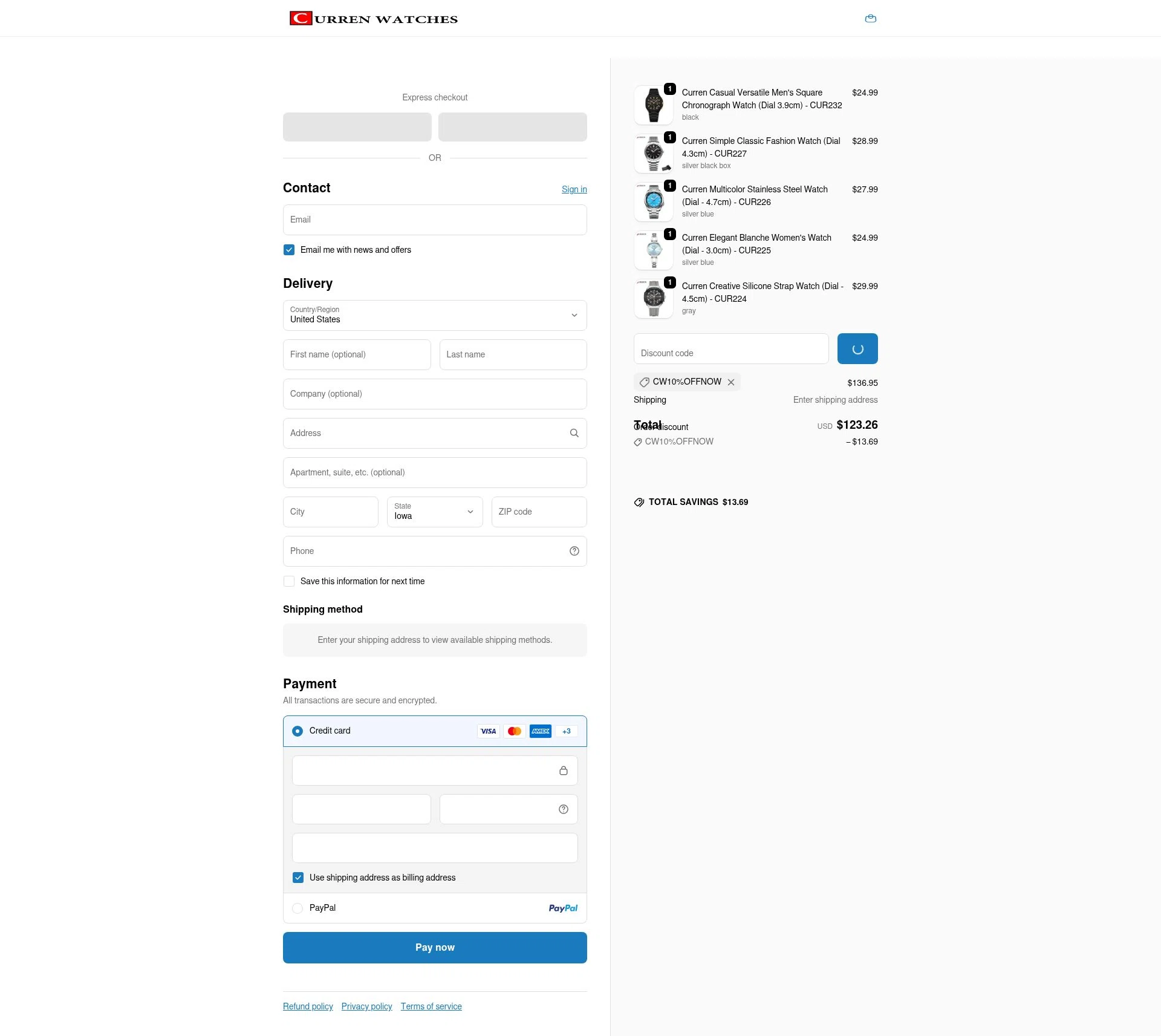 Curren Watches checkout page showing Curren Watches promo code box | Screenshot taken by SimplyCodes community member on Jan 18, 2026