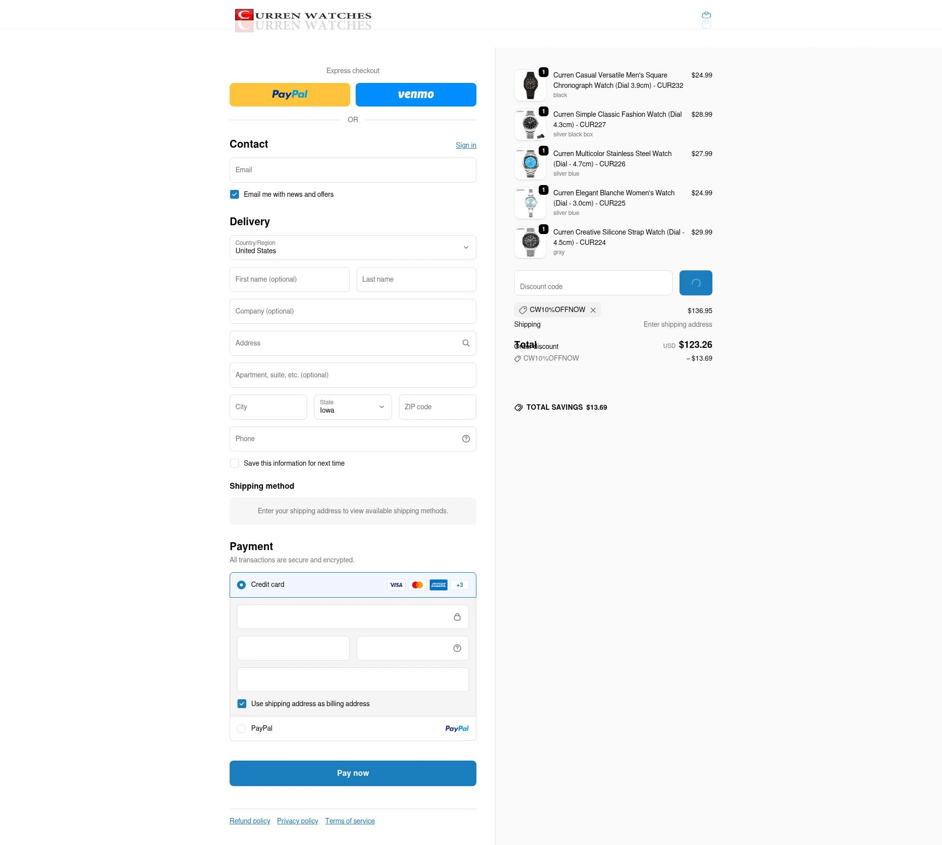 Curren Watches checkout page showing Curren Watches promo code box | Screenshot taken by SimplyCodes community member on Feb 9, 2026