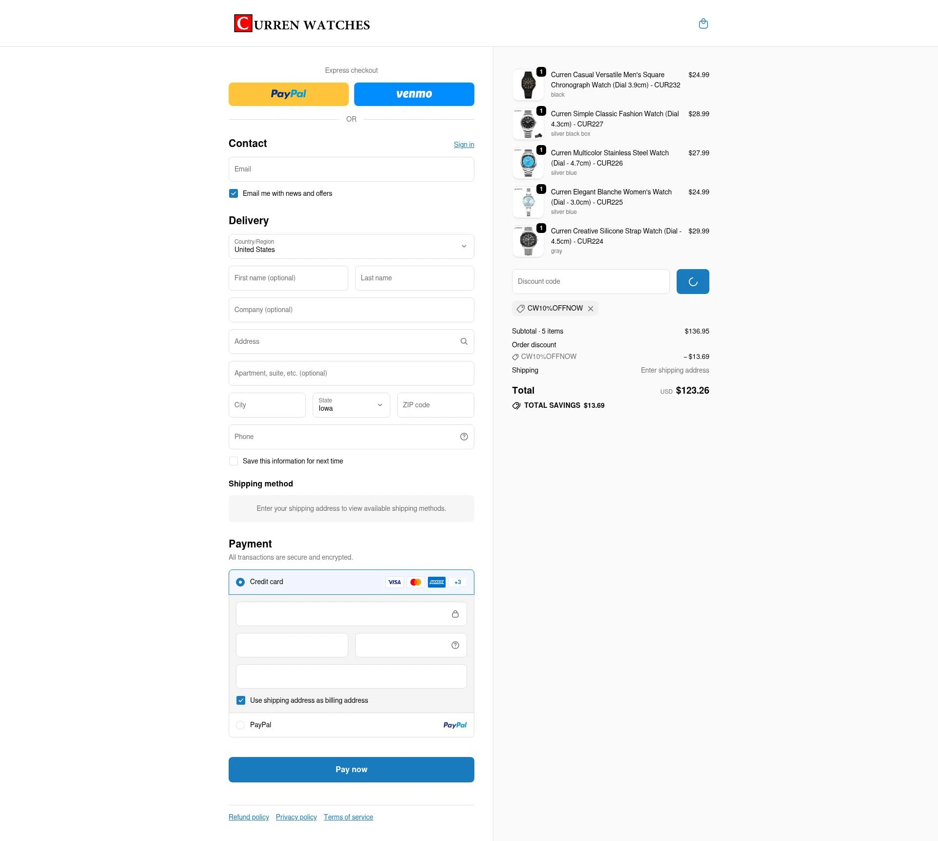 Curren Watches checkout page showing Curren Watches promo code box | Screenshot taken by SimplyCodes community member on Feb 11, 2026