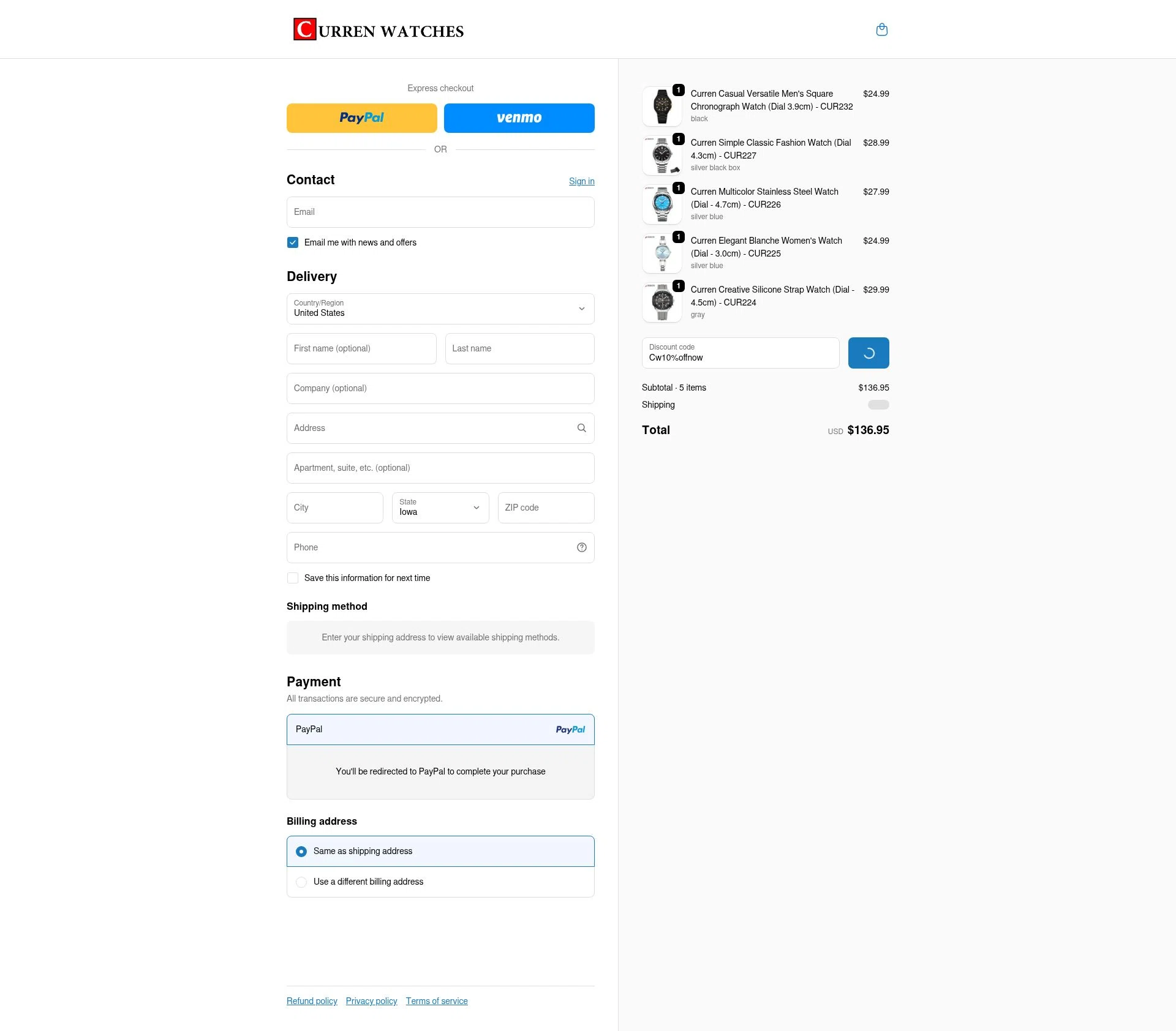 Curren Watches checkout page showing Curren Watches promo code box | Screenshot taken by SimplyCodes community member on Feb 23, 2026