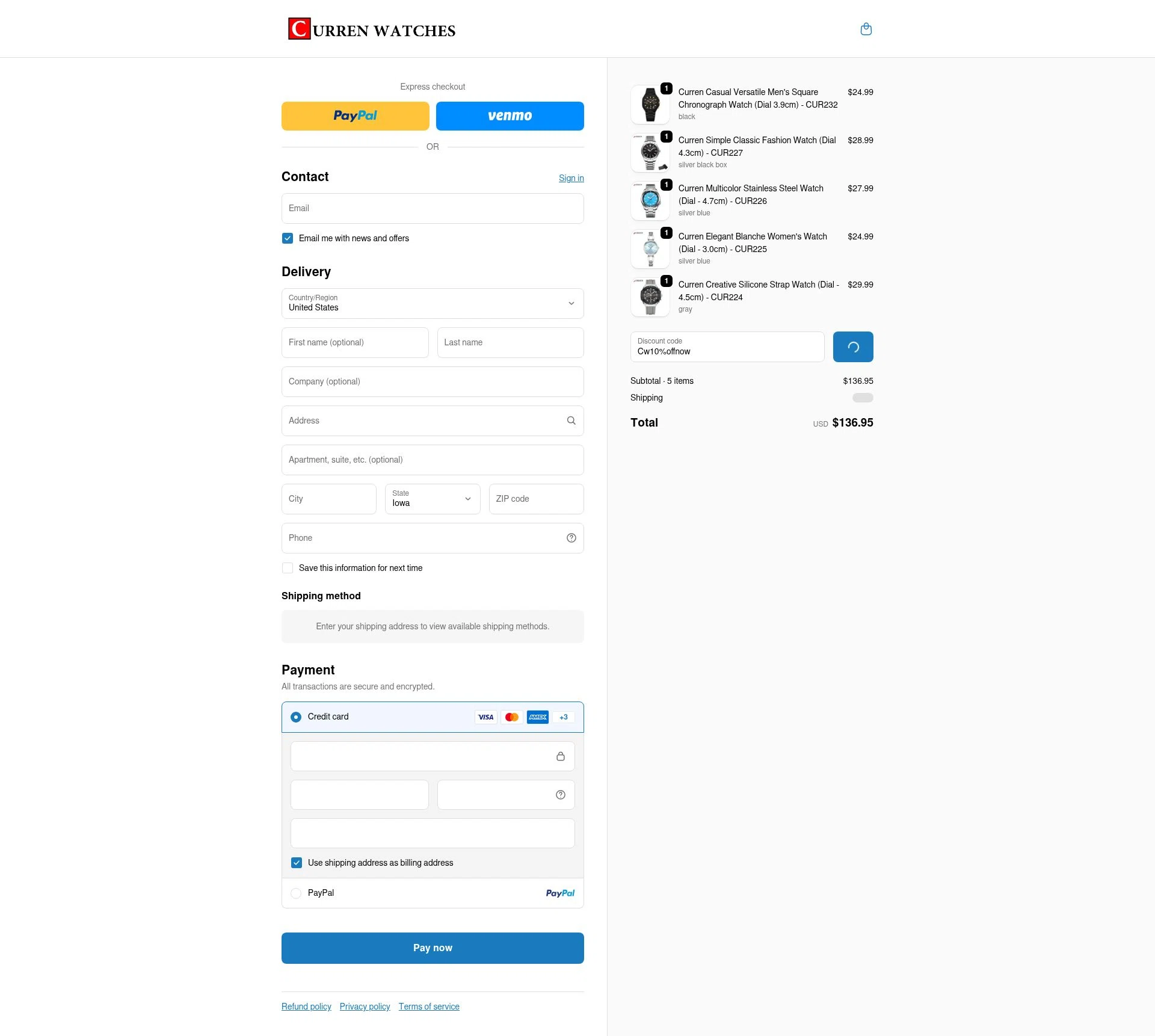 Curren Watches checkout page showing Curren Watches promo code box | Screenshot taken by SimplyCodes community member on Jan 31, 2026