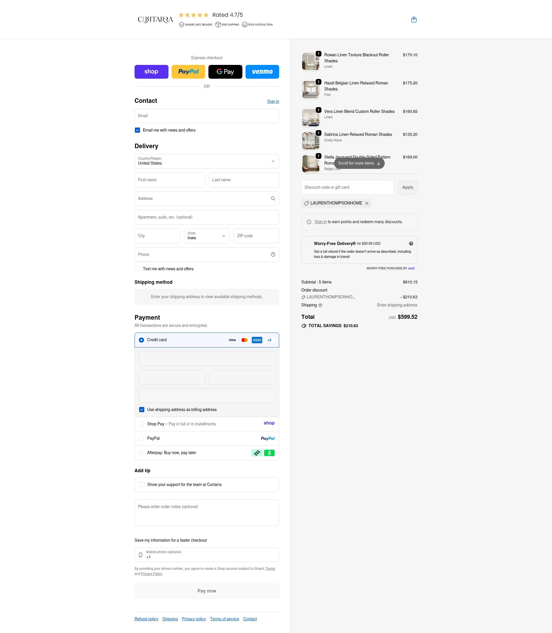 Curtarra checkout page showing Curtarra discount code box | Screenshot taken by SimplyCodes community member on Jan 10, 2026
