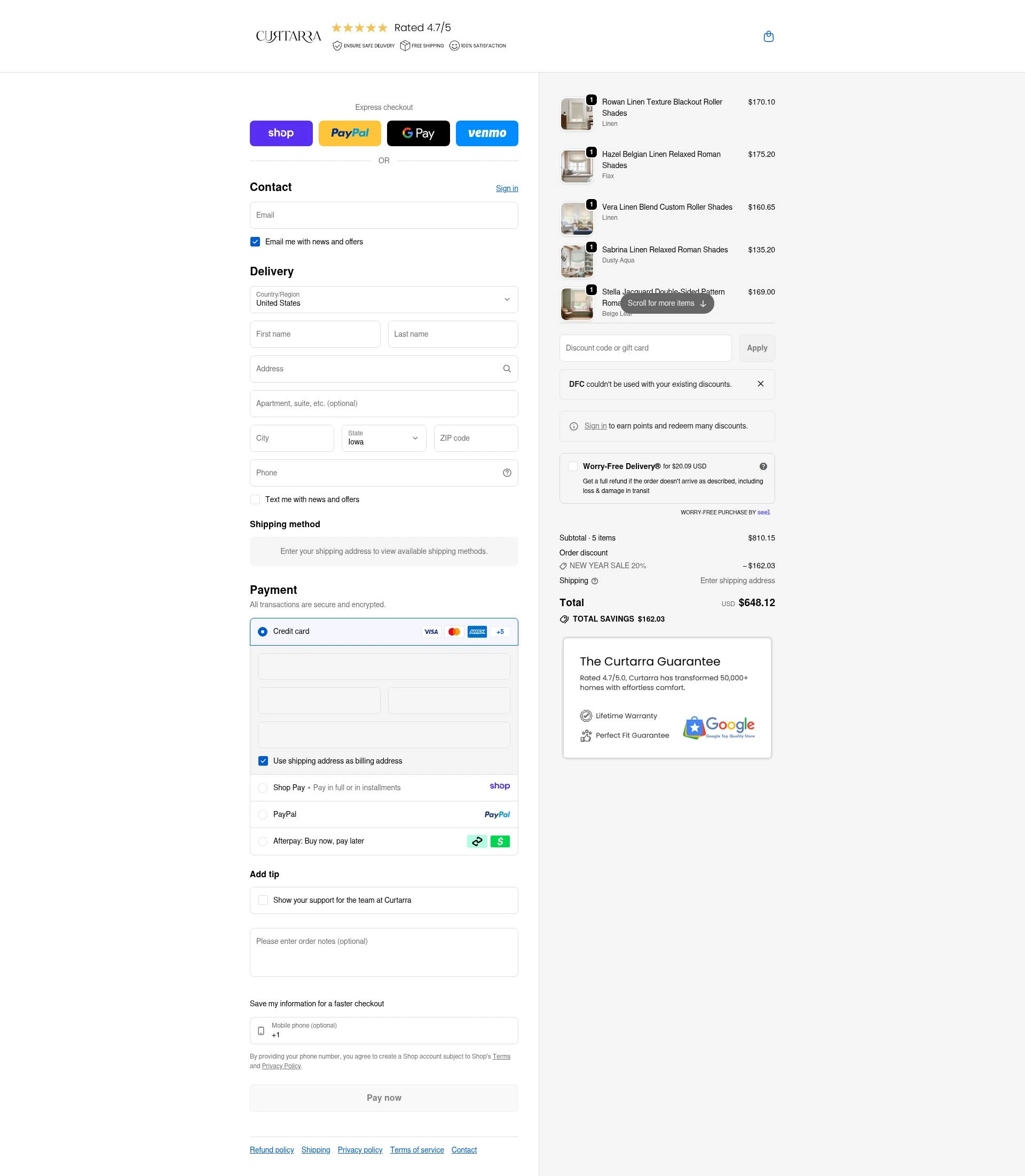Curtarra checkout page showing Curtarra discount code box | Screenshot taken by SimplyCodes community member on Jan 10, 2026