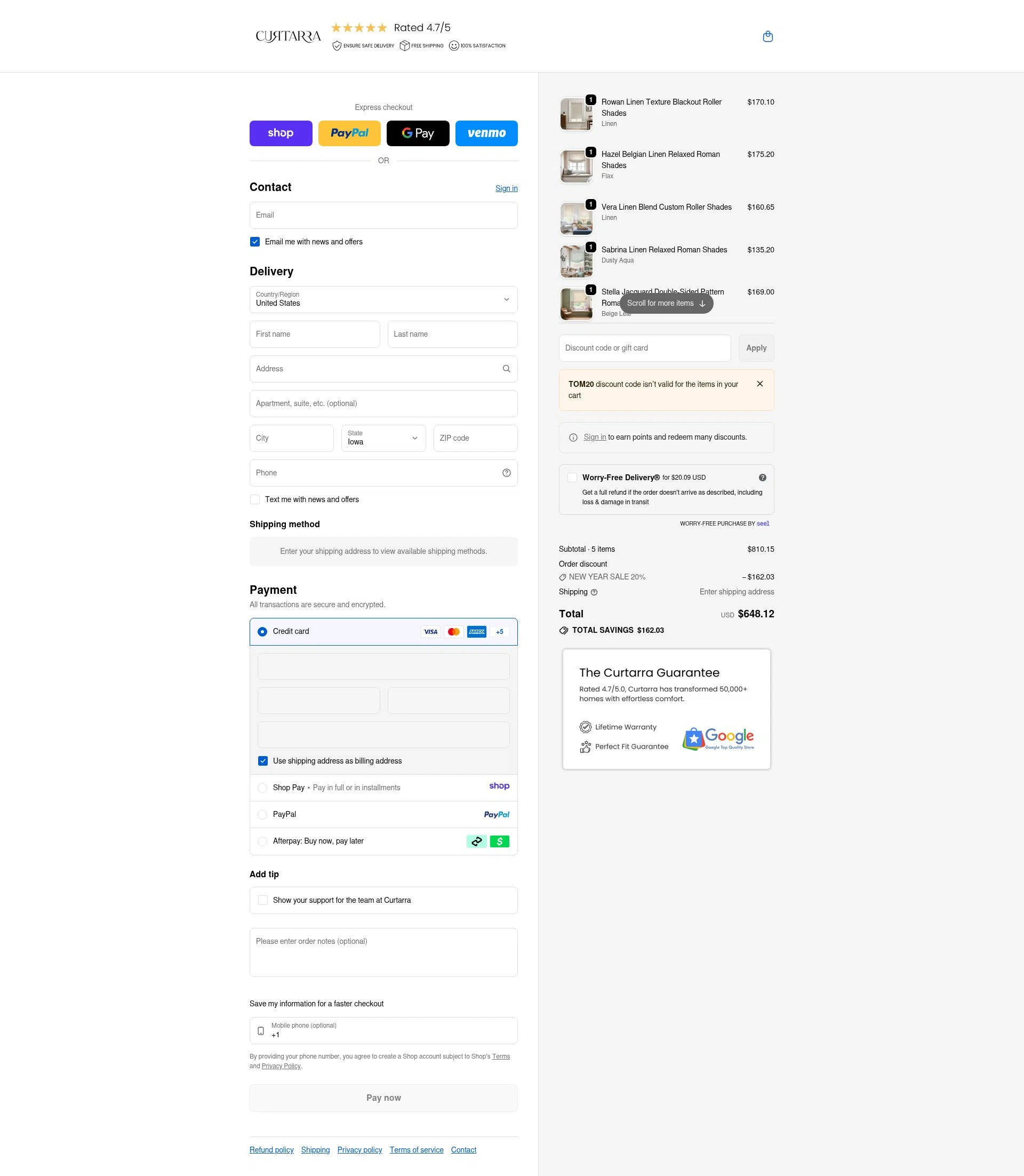 Curtarra checkout page showing Curtarra discount code box | Screenshot taken by SimplyCodes community member on Jan 10, 2026