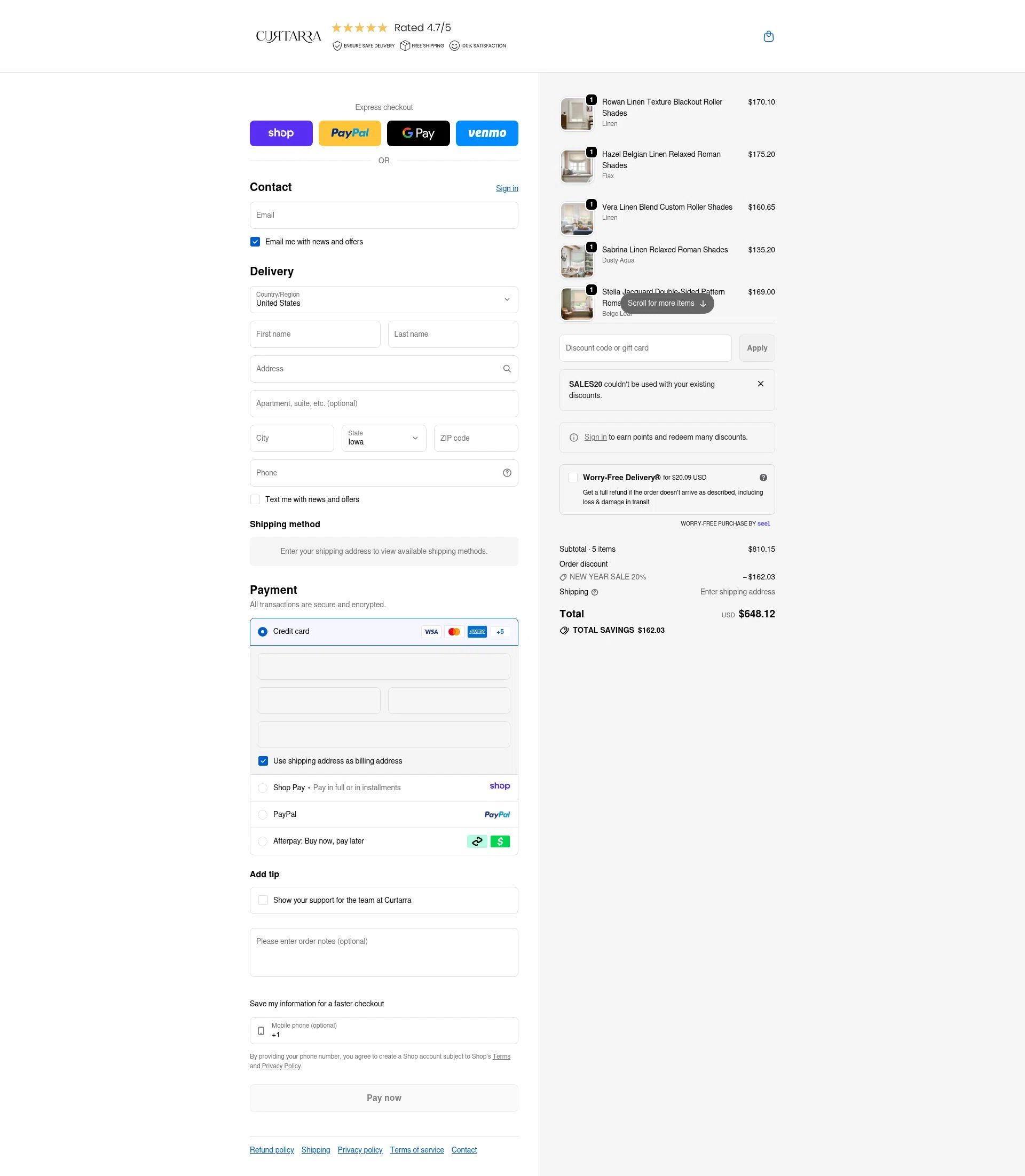 Curtarra checkout page showing Curtarra discount code box | Screenshot taken by SimplyCodes community member on Jan 10, 2026