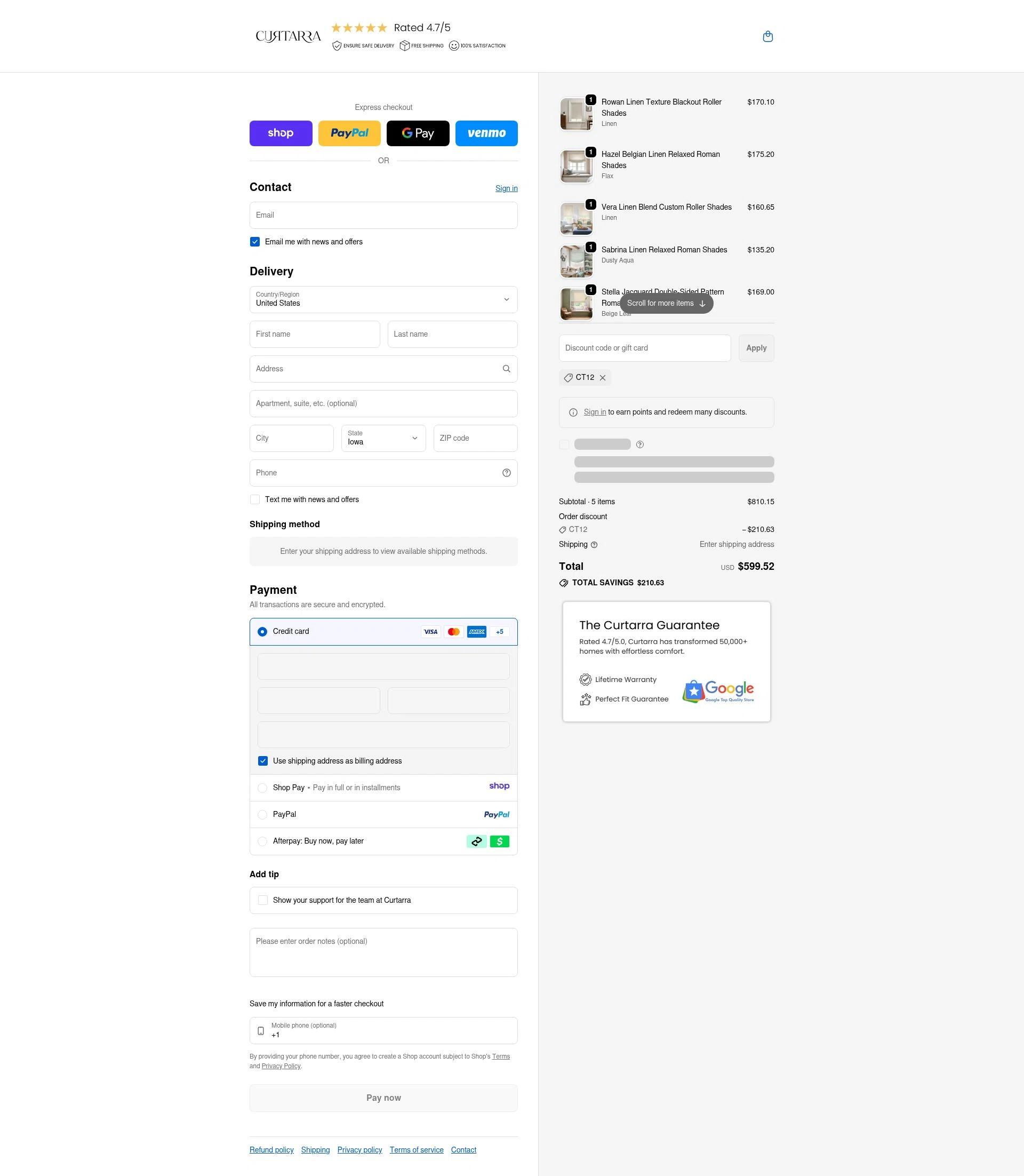 Curtarra checkout page showing Curtarra discount code box | Screenshot taken by SimplyCodes community member on Jan 10, 2026