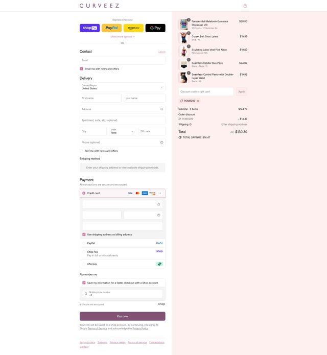 Curveez checkout page showing Curveez promo code box | Screenshot taken by SimplyCodes community member on Aug 28, 2025