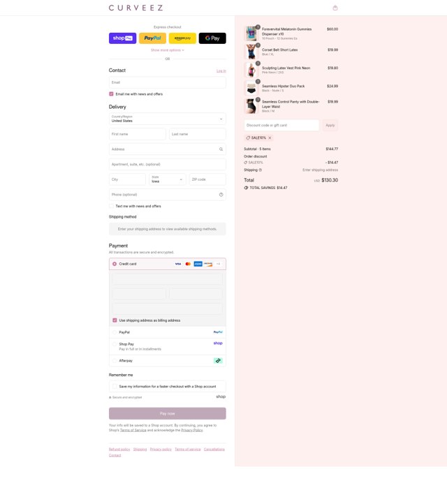 Curveez checkout page showing Curveez promo code box | Screenshot taken by SimplyCodes community member on Aug 28, 2025