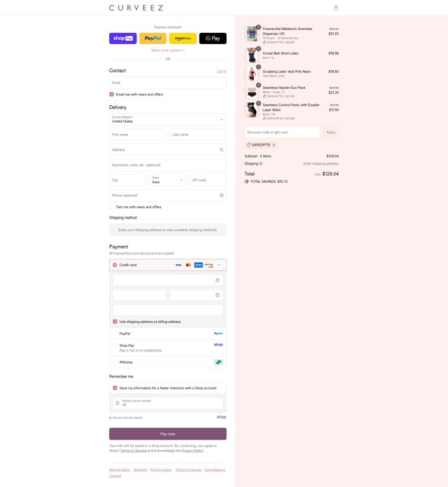 Curveez checkout page showing Curveez promo code box | Screenshot taken by SimplyCodes community member on Aug 28, 2025