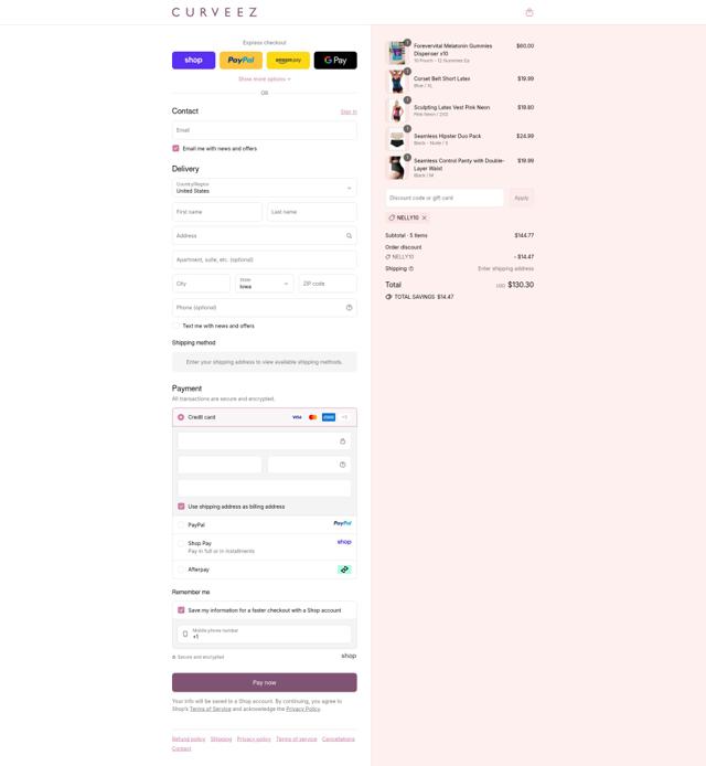 Curveez checkout page showing Curveez promo code box | Screenshot taken by SimplyCodes community member on Sep 9, 2025