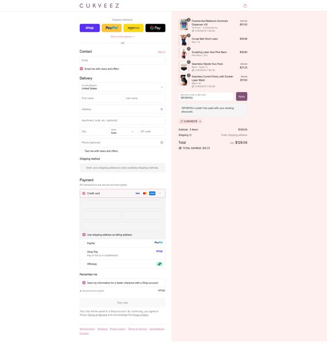 Curveez checkout page showing Curveez promo code box | Screenshot taken by SimplyCodes community member on Sep 9, 2025