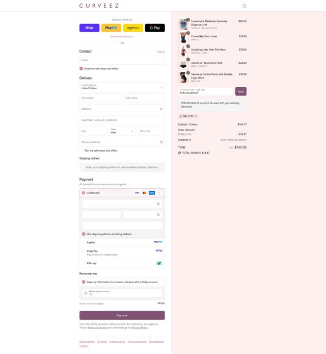 Curveez checkout page showing Curveez promo code box | Screenshot taken by SimplyCodes community member on Sep 9, 2025